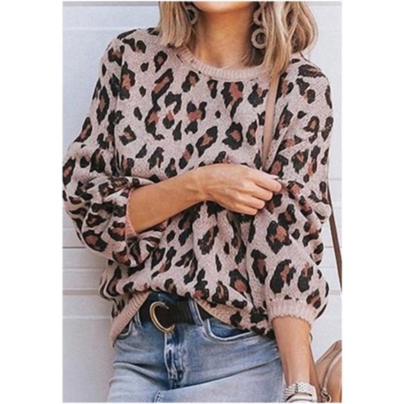 Leopard print crew neck pullover sweater - RED - Picture 3 of 3